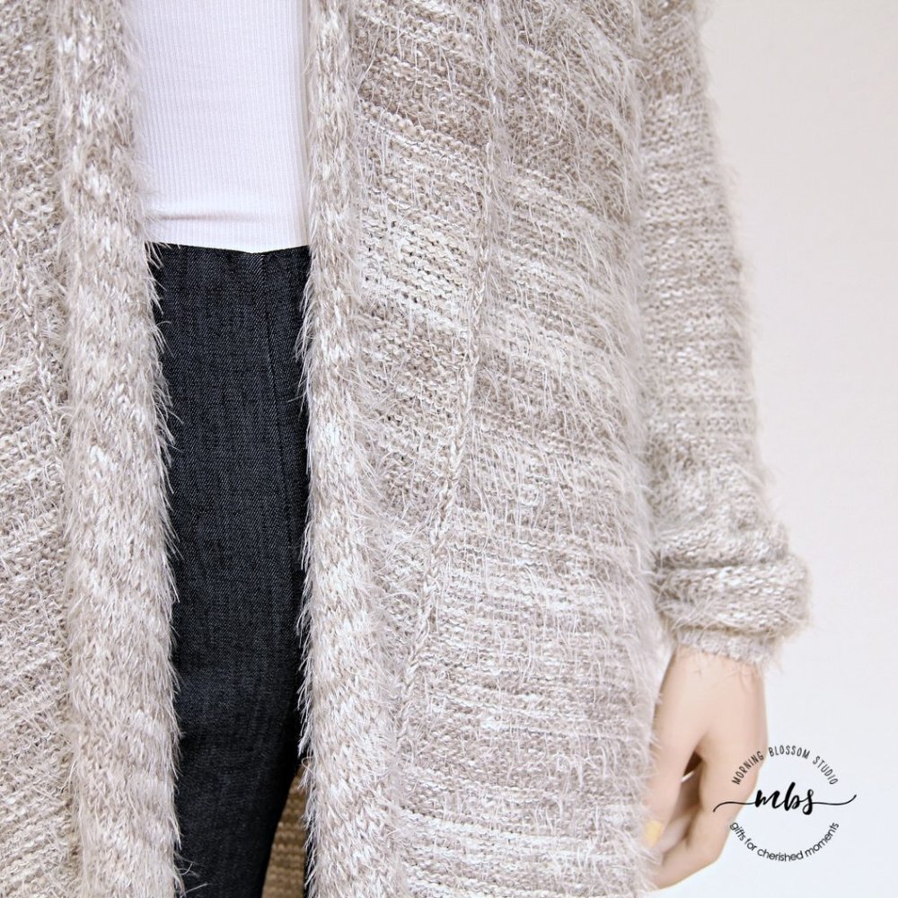 Lazy Sweater Fuzzy Fringe Open Cardigan Gray Whit… - image 4
